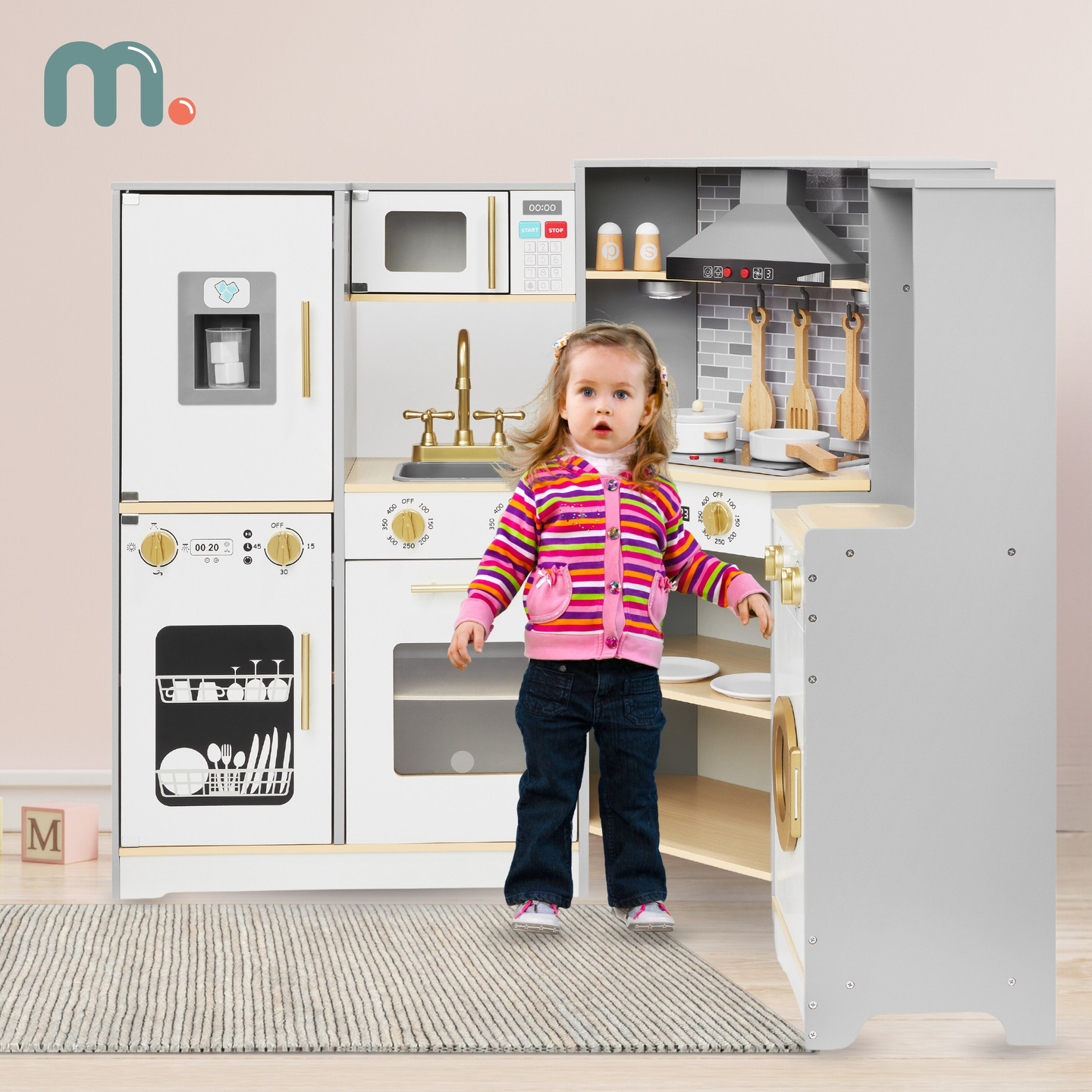 Cozinha interactiva de madeira XXXL com iluminação LED, exaustor e acessórios