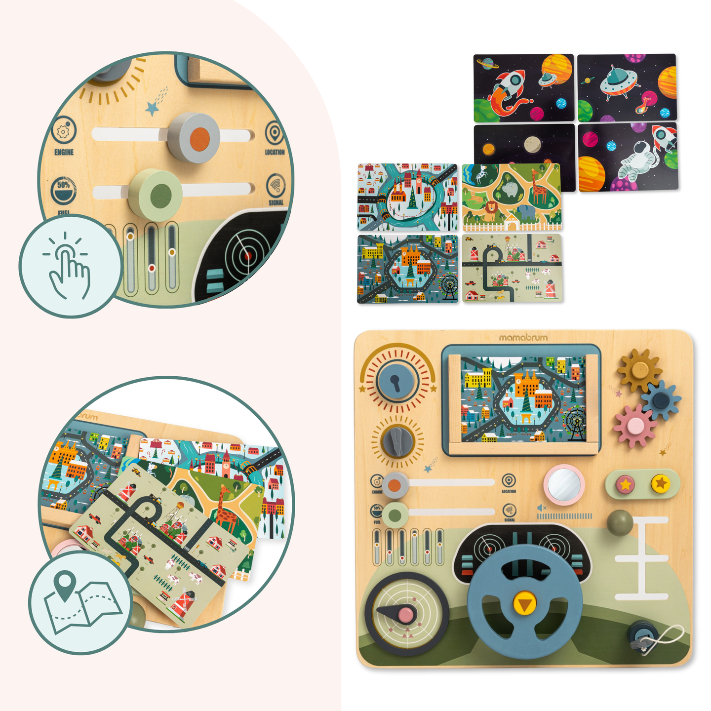 Tábua Montessori de madeira 2 em 1 Cockpit para o Pequeno Motorista e Piloto – volante, câmbio, mapas de viagem, radar