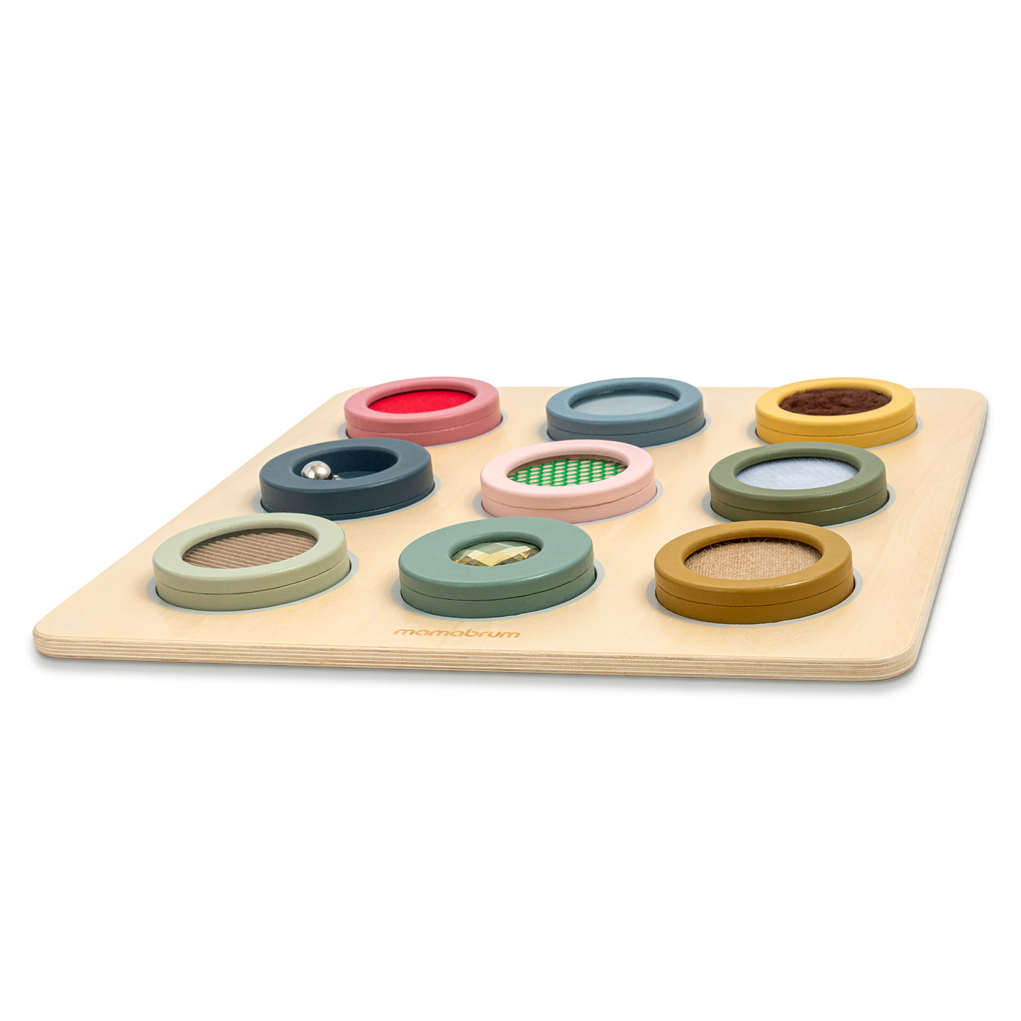 Painel sensorial Montessori de madeira – 9 texturas para descobrir e desenvolver o sentido do tato.