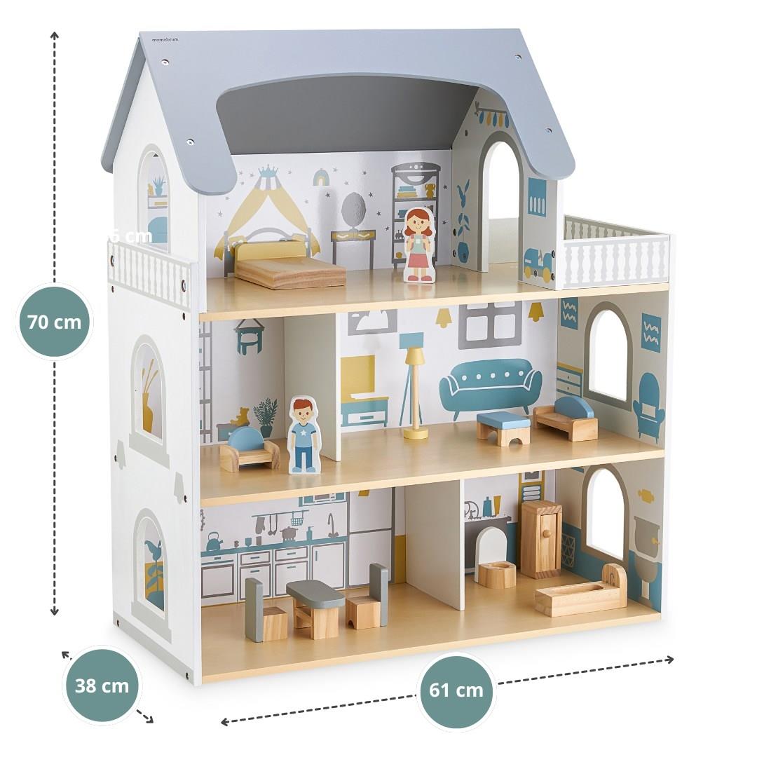 Casa de bonecas de madeira branca com terraço e acessórios
