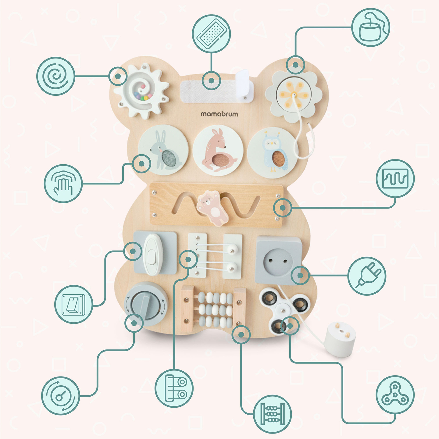 Quadro de atividades Montessori de madeira com ursinho de pelúcia - aprendizagem sensorial da independência: velcro, plugue, labirinto, botão com clique.