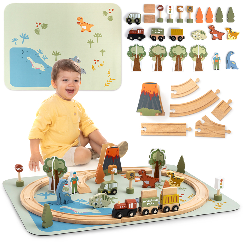 Trem de madeira Dino Park com tapete antiderrapante - dinossauros, trem, trilhos, vulcão, sino