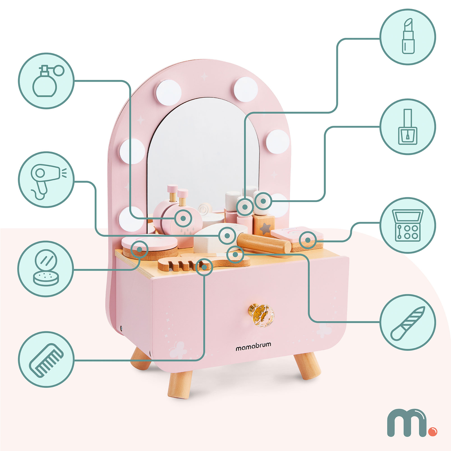Mini penteadeira infantil de madeira com acessórios e iluminação LED com ajuste suave de brilho.
