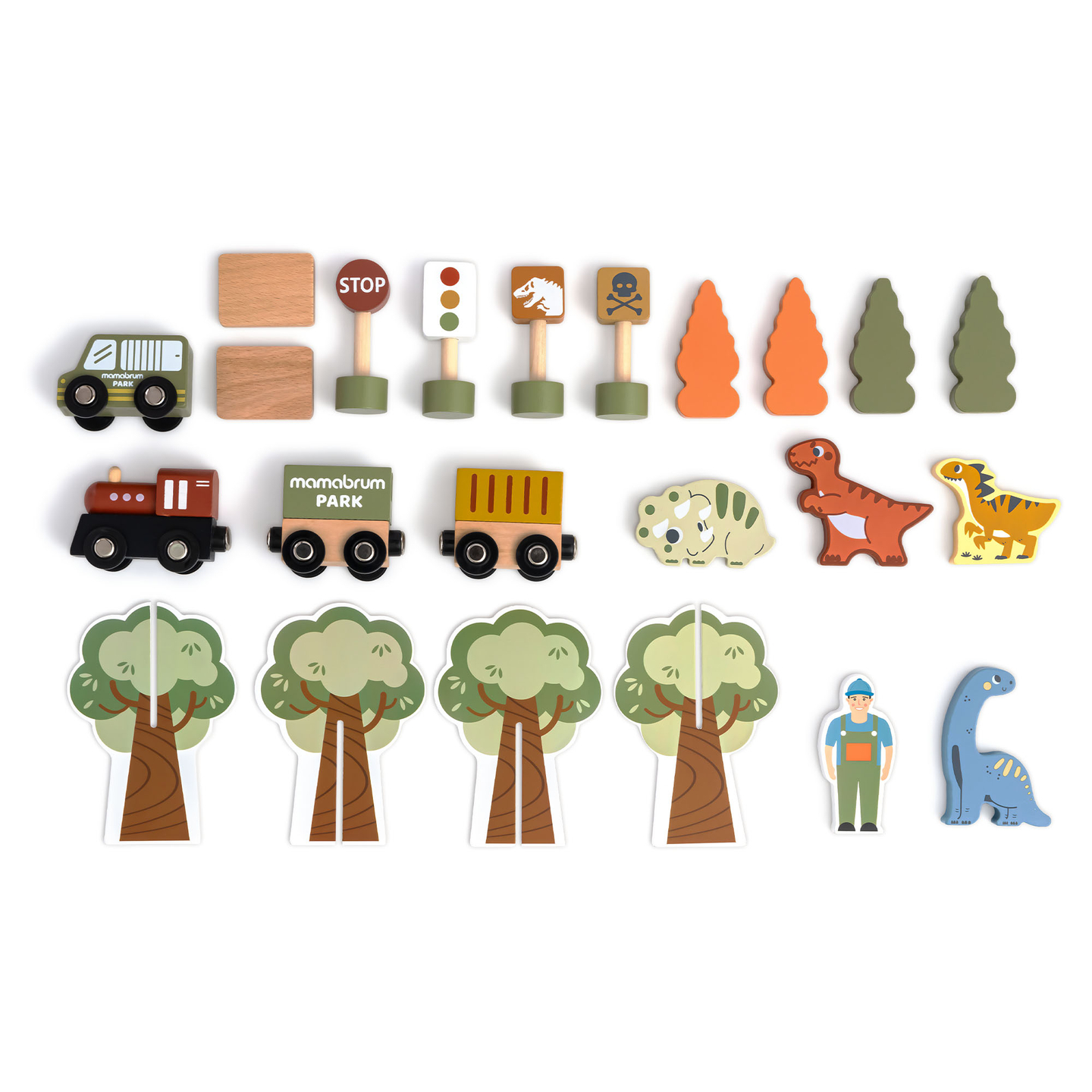 Trem de madeira Dino Park com tapete antiderrapante - dinossauros, trem, trilhos, vulcão, sino