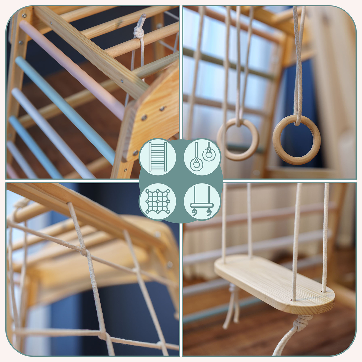 Parque infantil coberto de madeira com balanço, argolas de ginástica e rede de escalada