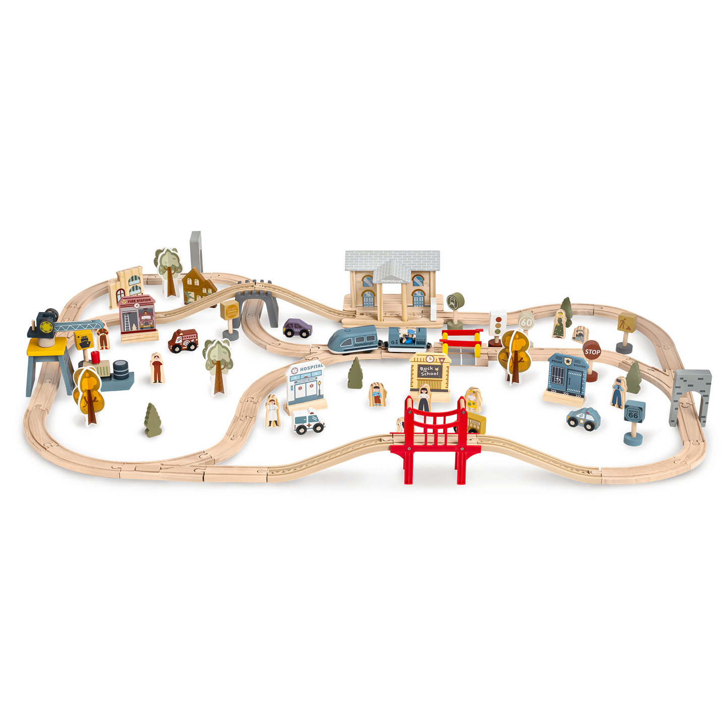 Ferrovia urbana de madeira com trem elétrico - guindaste móvel, navio, pontes