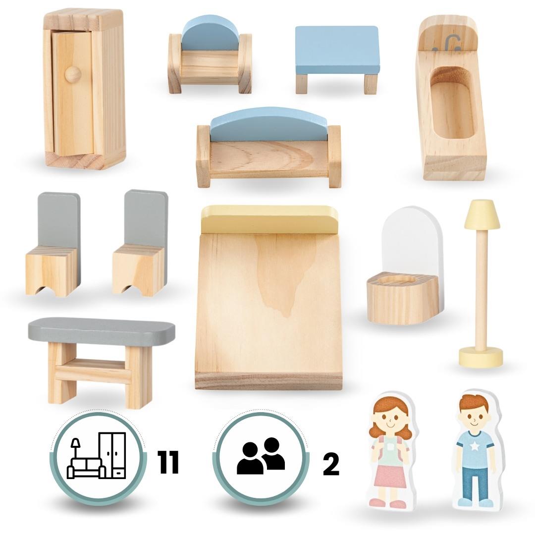 Casa de bonecas de madeira branca com terraço e acessórios