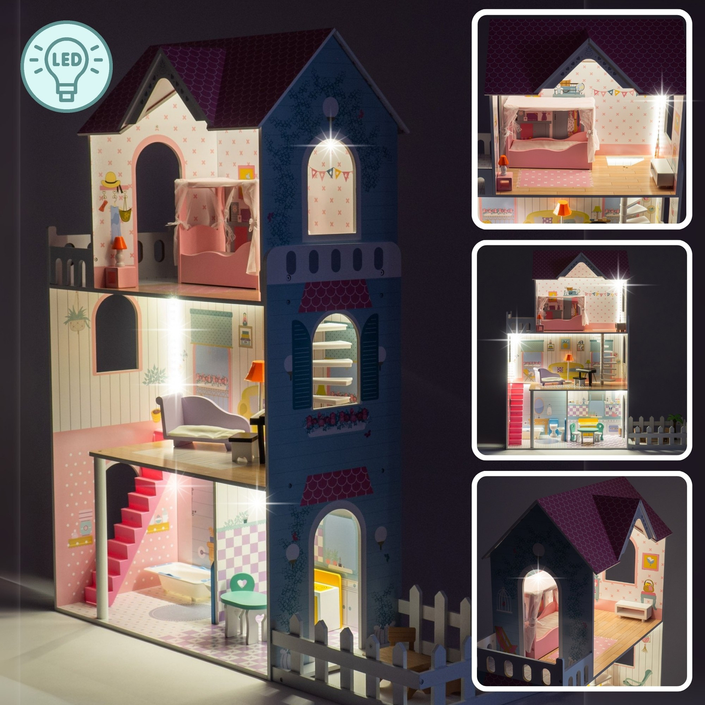 XXL A maior casa de bonecas de madeira - 123 cm - iluminada por LED - terraço, acessórios, jardim