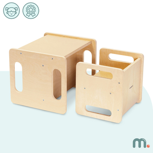 Mesa e cadeira de madeira com função de trampolim – um conjunto Montessori multifuncional para crianças