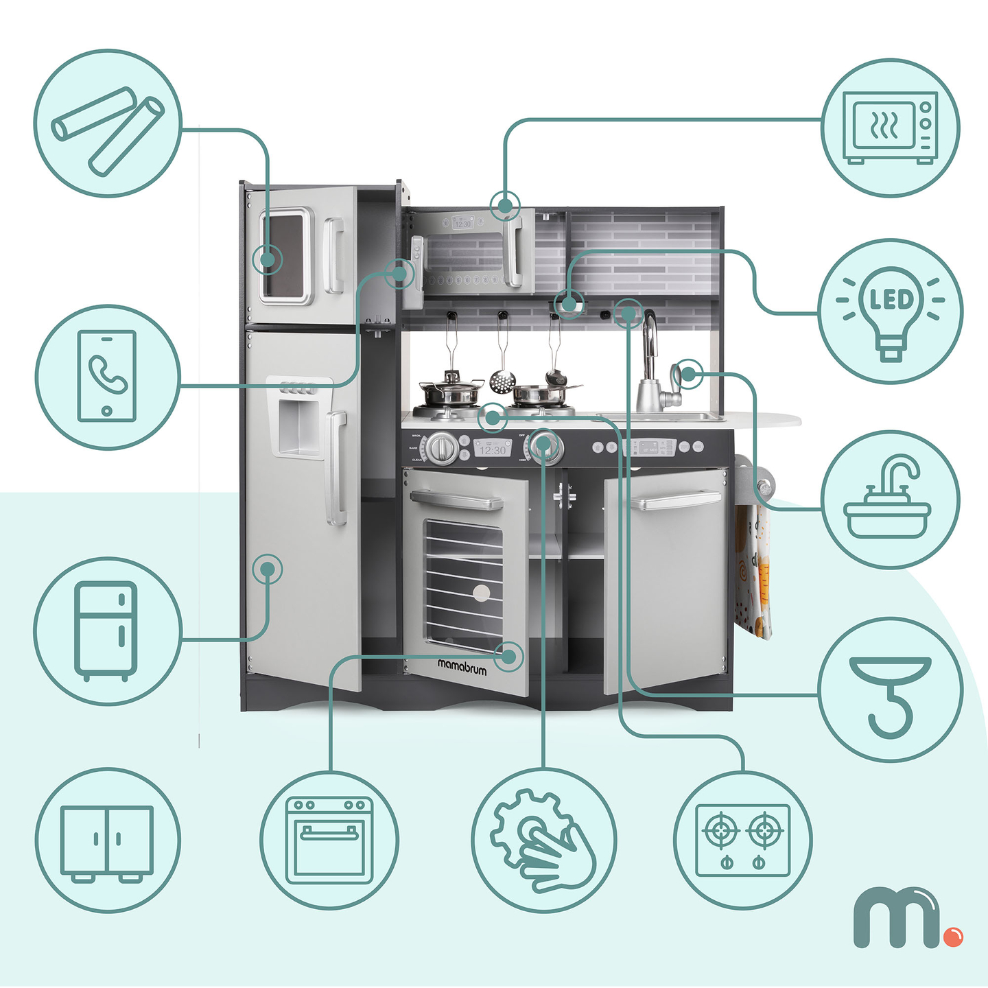 Cozinha XXL em madeira com iluminação LED, avental e acessórios