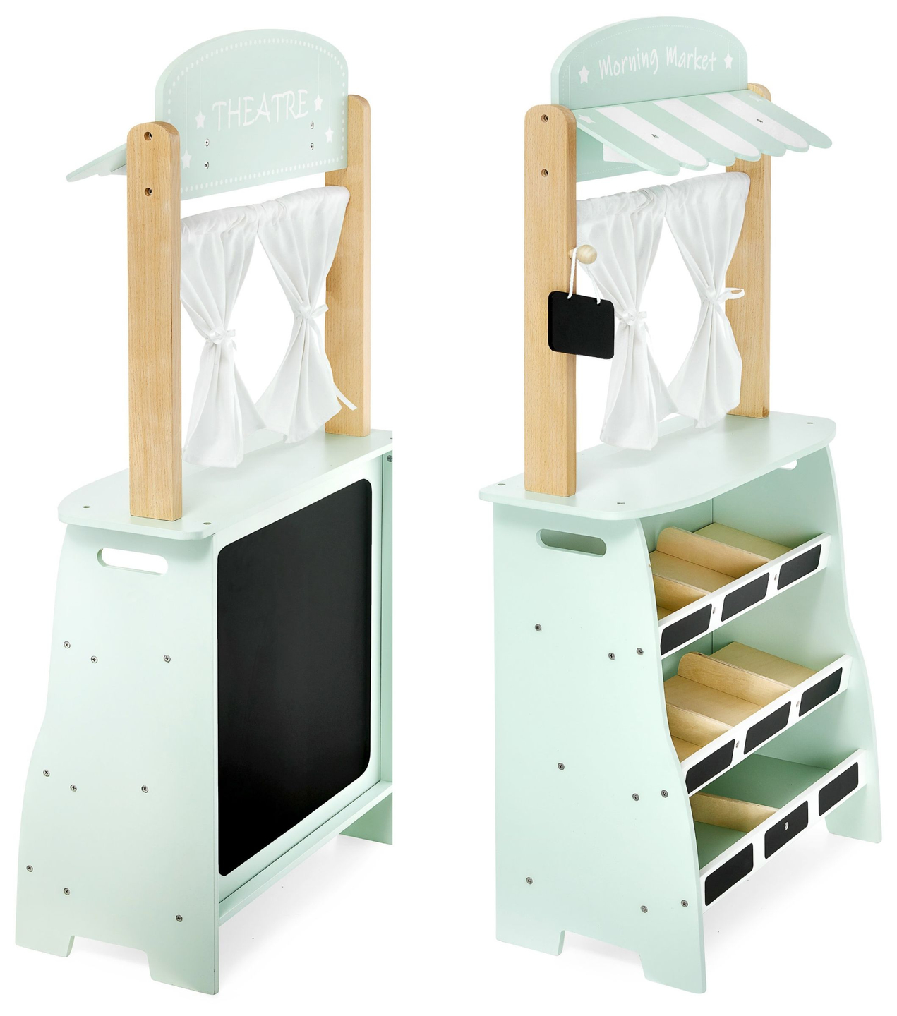 Grande loja de madeira - barraca e teatro 2 em 1 com balança, terminal de pagamento, legumes e frutas