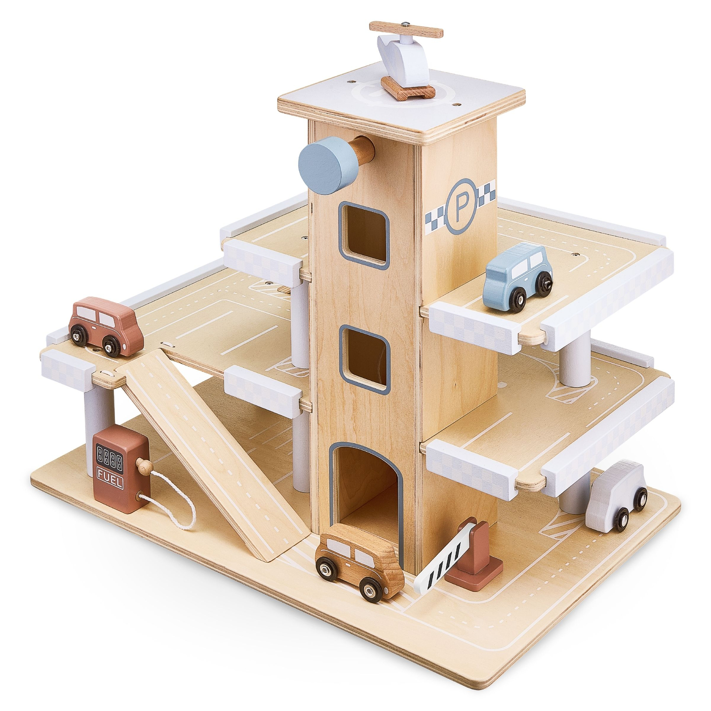 Estacionamento de três níveis em madeira com elevador - garagem para carros e helicóptero