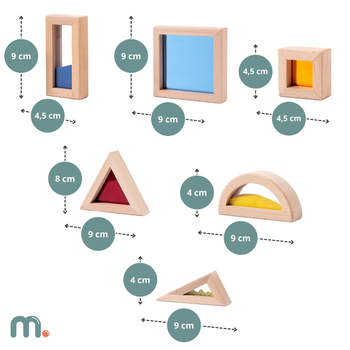 Conjunto de blocos sensoriais de madeira com diferentes recheios - 15 peças