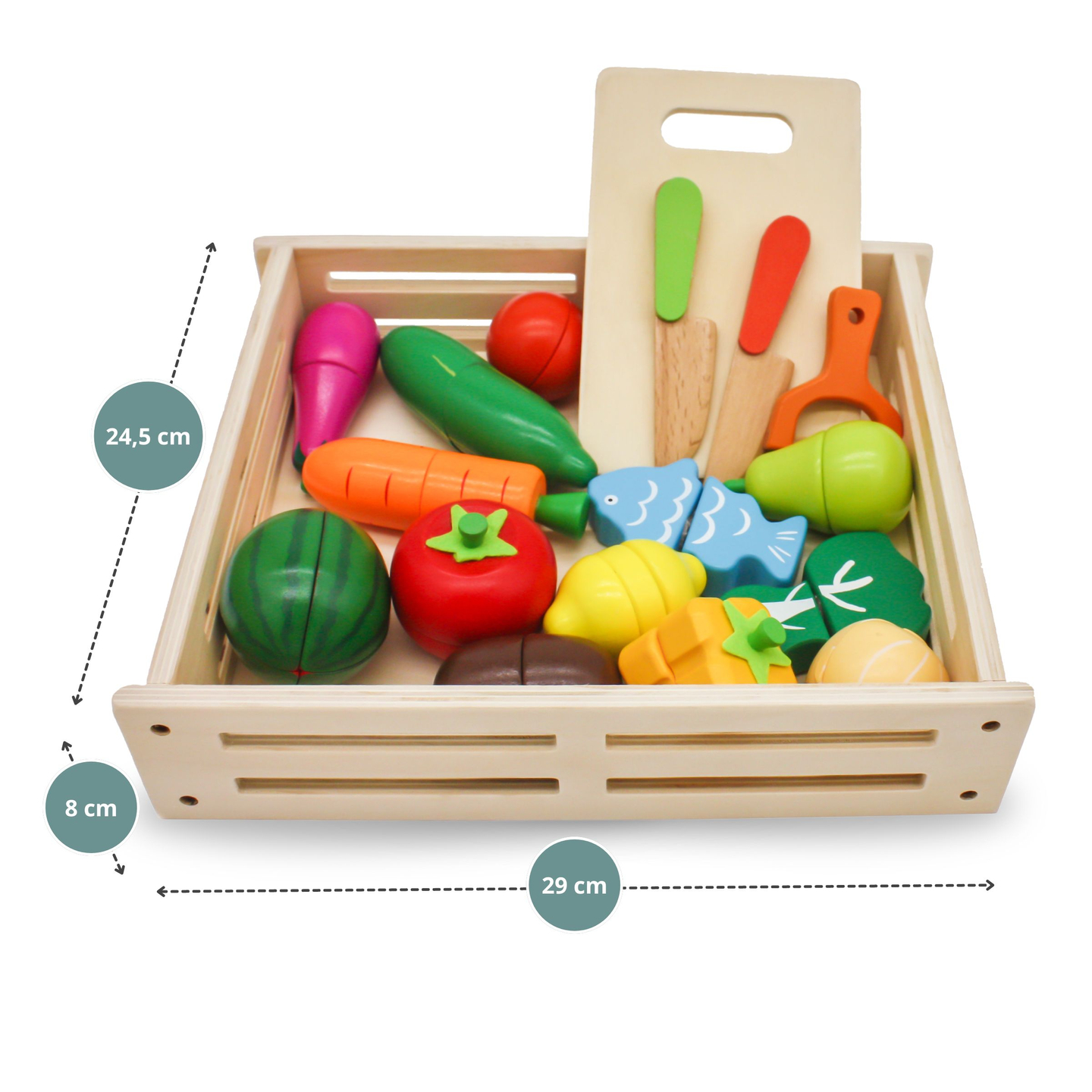 Frutas e legumes de madeira para cortar