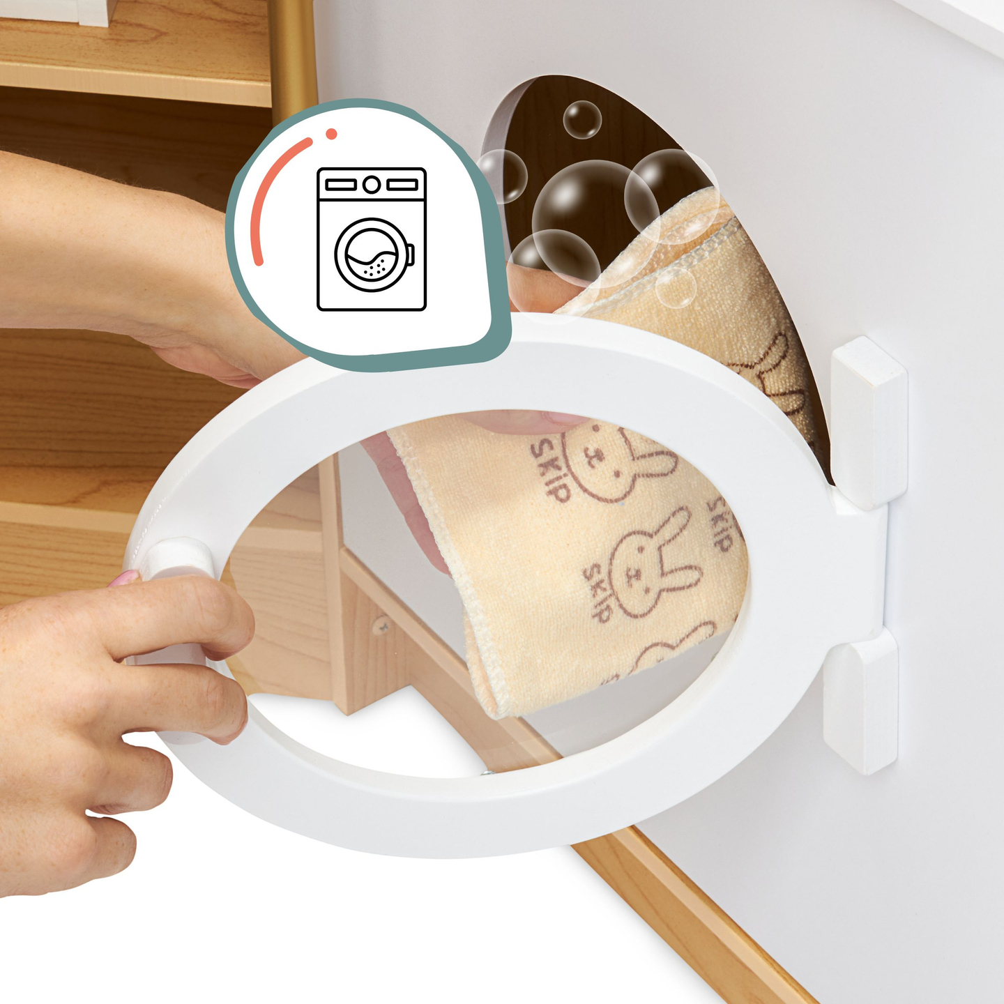 XXXXL grande cozinha interactiva de madeira com iluminação LED, máquina de lavar roupa, micro-ondas, máquina de café e conjunto de frutas e legumes - 50 elementos