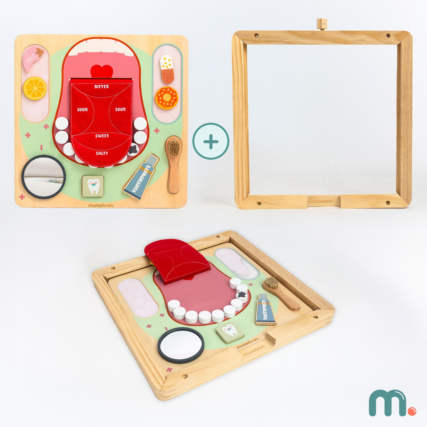 Quadro Educacional Montessori de Madeira Pequeno Dentista - escova de dentes, pasta de dentes, dentes removíveis, espelho, comida, sabores de aprendizagem