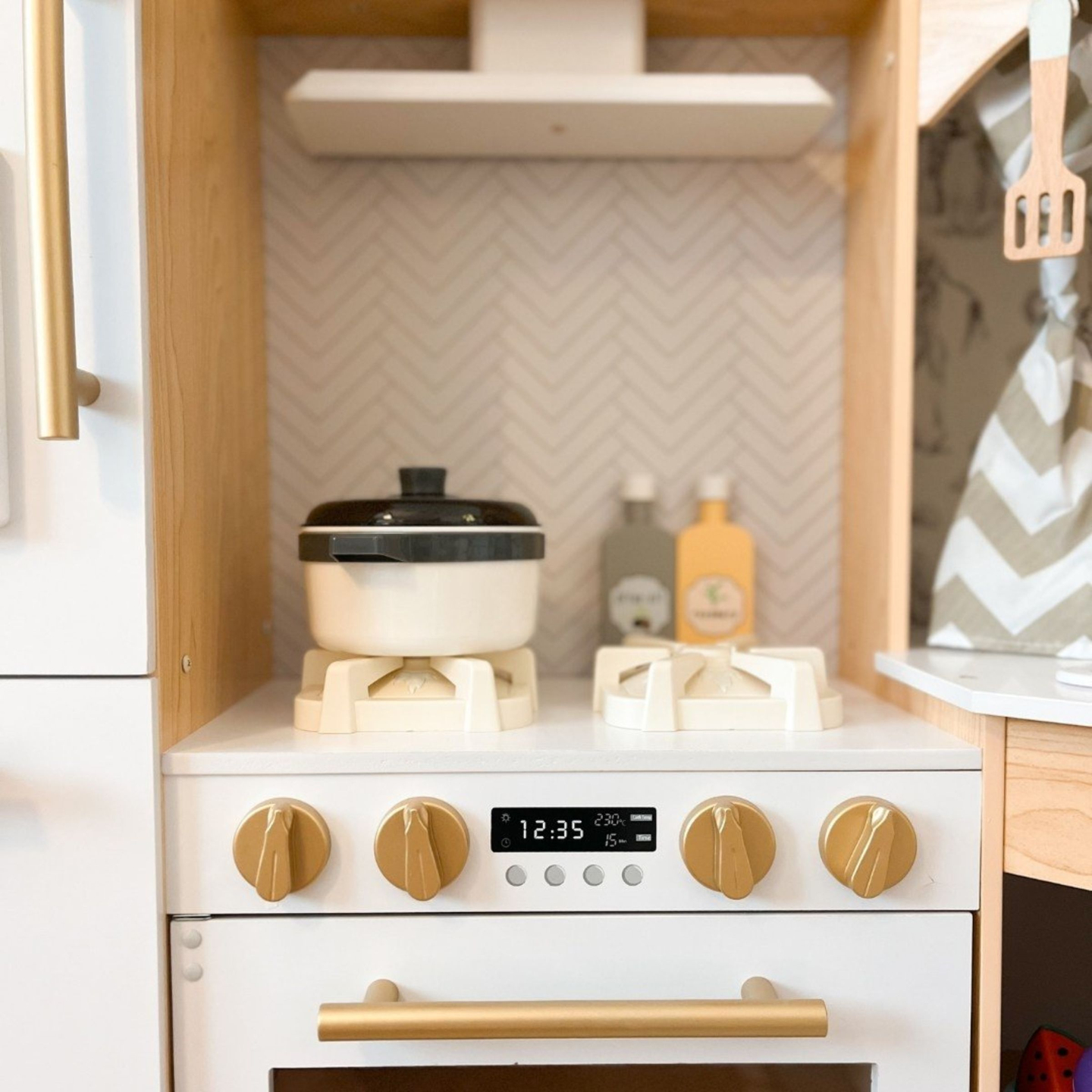 XXXXL grande cozinha interactiva de madeira com iluminação LED, máquina de lavar roupa, micro-ondas, máquina de café e conjunto de frutas e legumes - 50 elementos