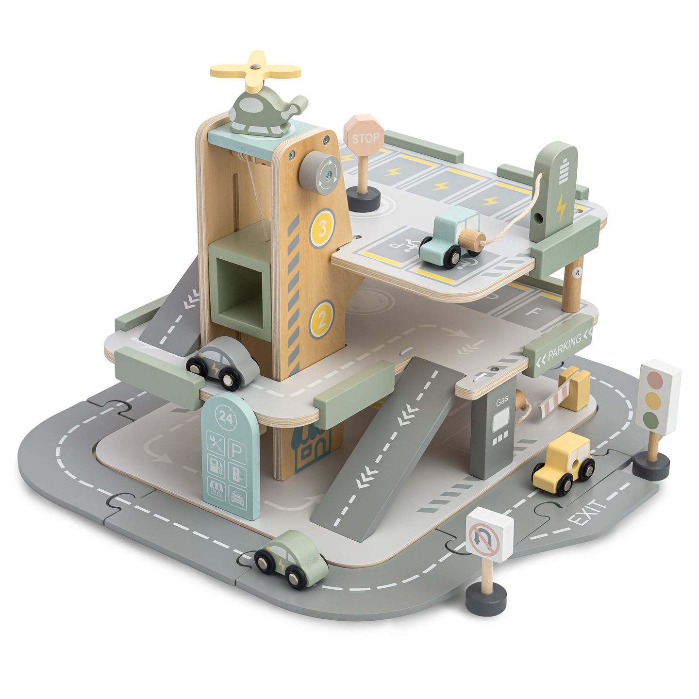 Garagem de madeira de três andares para crianças com acessórios – estacionamento, posto de gasolina, lava-rápido, helicóptero