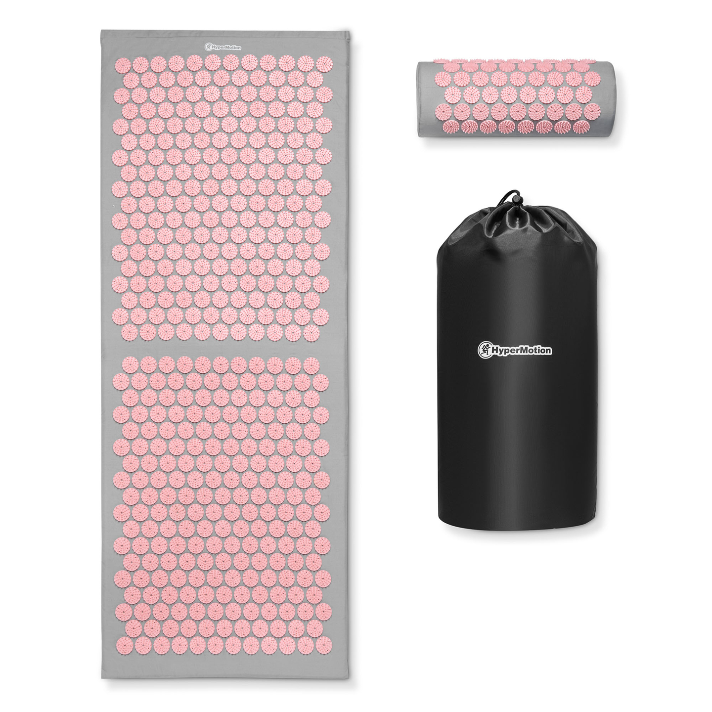 Tapete de acupressão grande com almofada e capa - 130 cm HyperMotion cinza e rosa