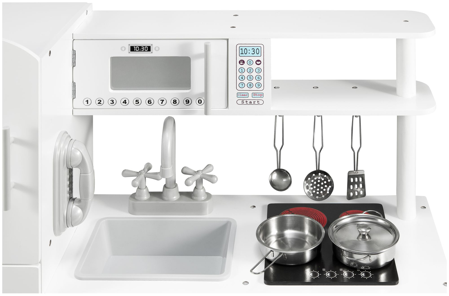 Grandes acessórios de cozinha brancos de madeira e avental