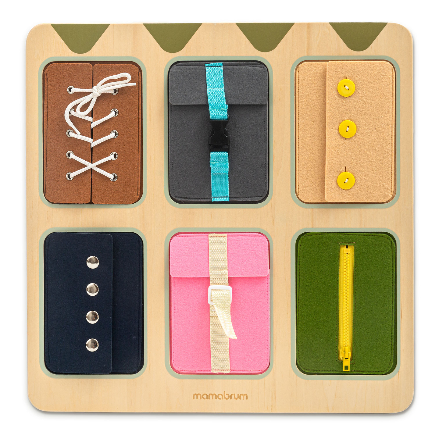 Quadro de atividades Montessori de madeira – Aprendizagem sensorial da independência – cadarços, fivelas, botões, fechos de pressão, zíper