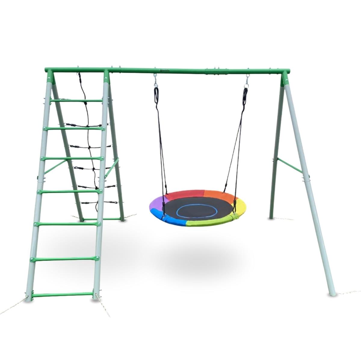 Parque infantil XL para crianças com baloiço de ninho de cegonha, escada e rede de escalada