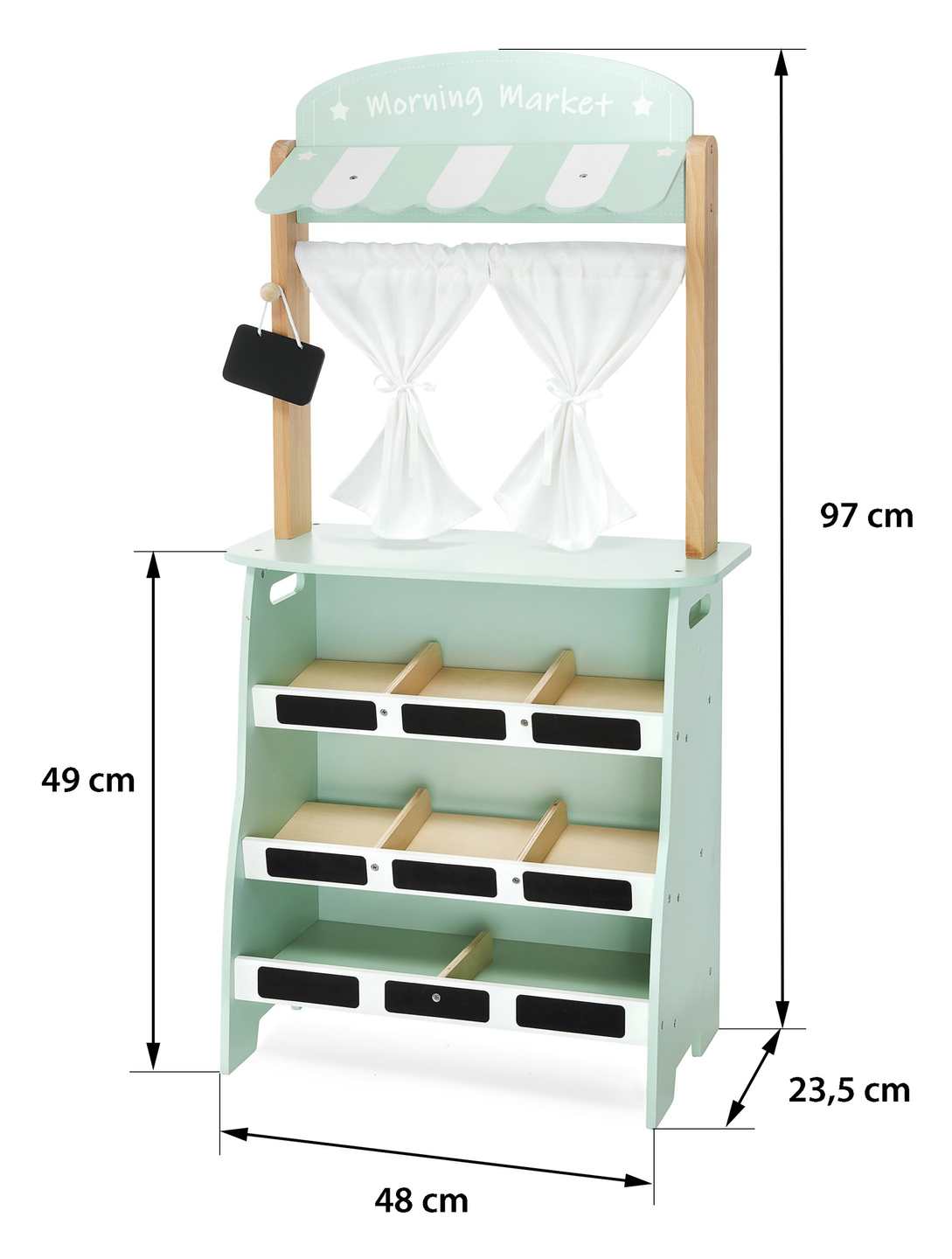 Grande loja de madeira - barraca e teatro 2 em 1 com balança, terminal de pagamento, legumes e frutas