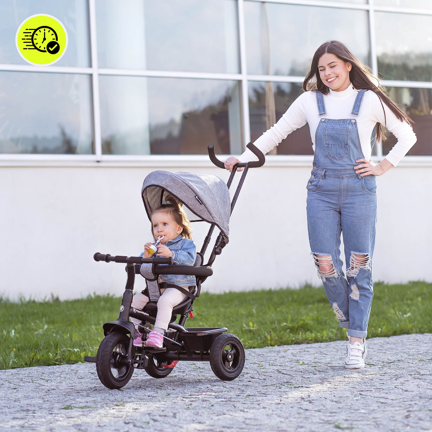 Triciclo para crianças de 1 a 4 anos - TOBI FREY - cor cinza - giratório - rodas infláveis + empurrador