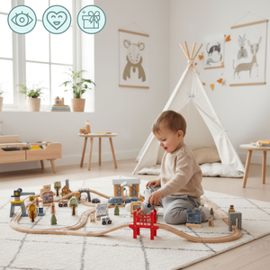 Ferrovia urbana de madeira com trem elétrico - guindaste móvel, navio, pontes