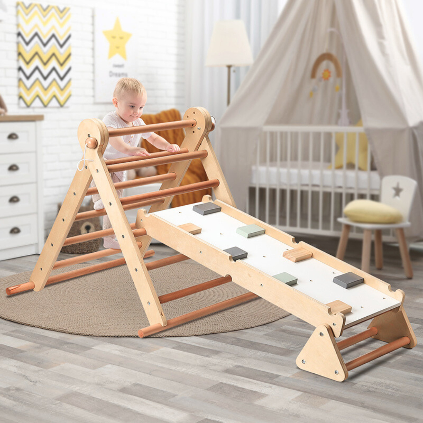 Parque infantil de madeira para crianças - escada + parede de escalada + trave de equilíbrio - triângulo de Pikler