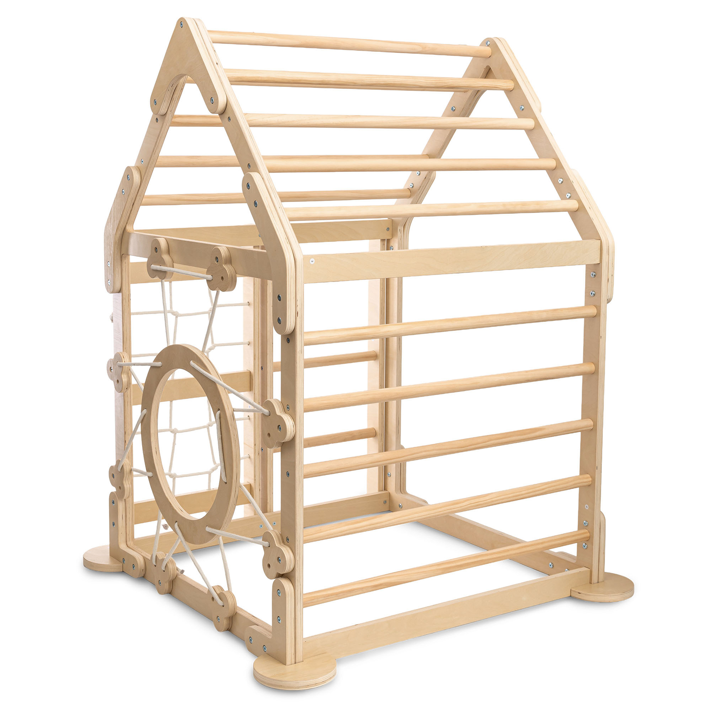 Playground interno de madeira para crianças - uma casa com escadas e um escorregador