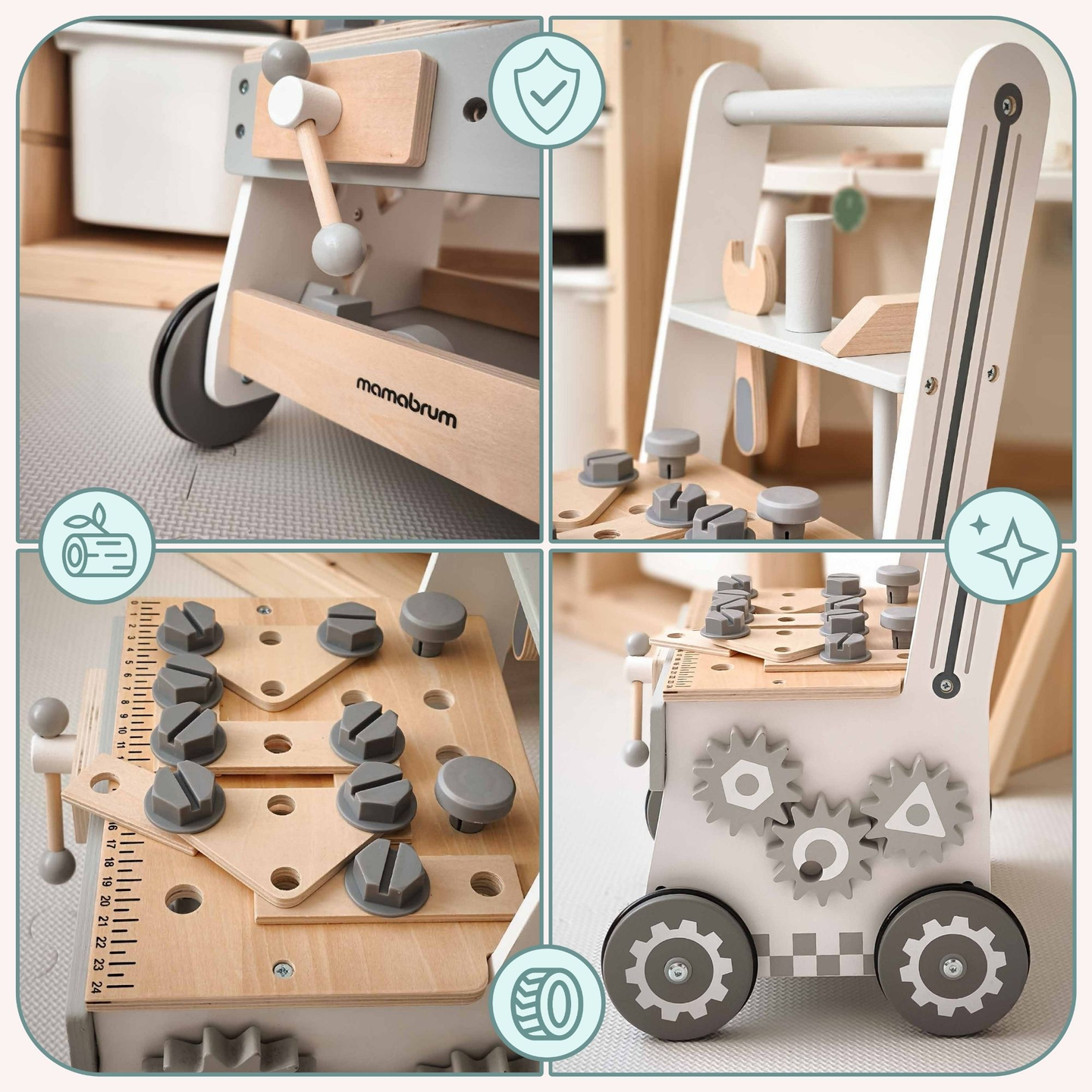 Andador de madeira 3 em 1, empurrador + oficina - 47 elementos