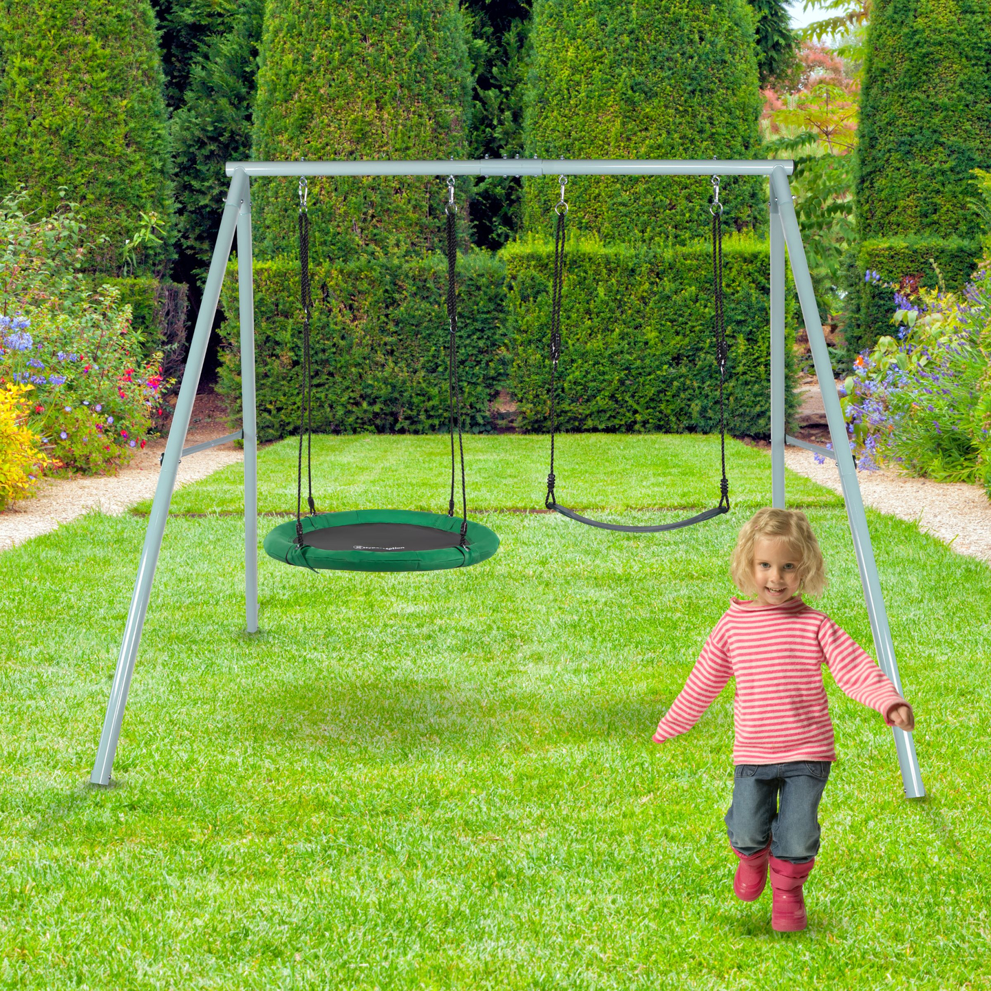 Balanço duplo de jardim com estrutura e cordas - assento e ninho de cegonha