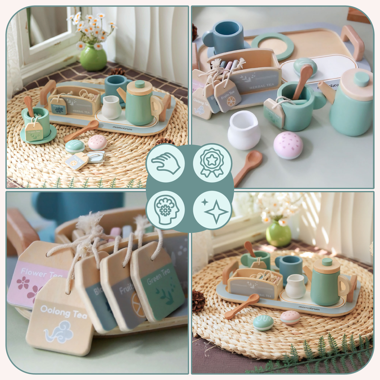 Conjunto de chá grande em madeira com tabuleiro - 18 artigos