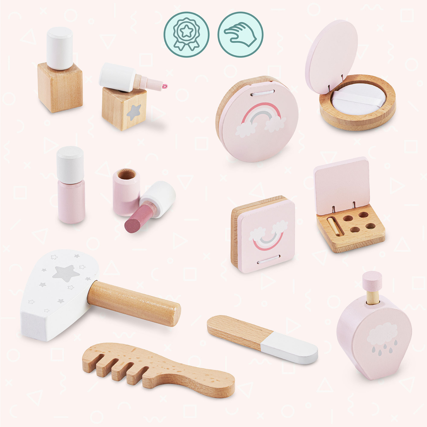 Penteadeira infantil de madeira com iluminação LED de ajuste suave de brilho, cadeira e acessórios.