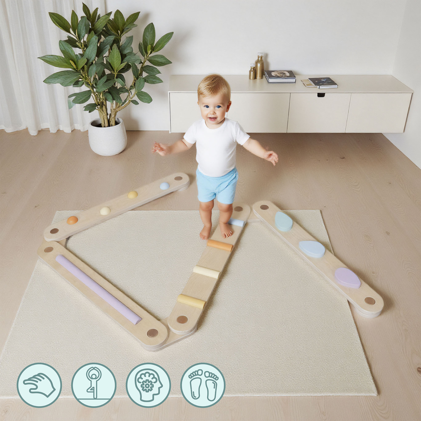 Grande percurso sensorial em madeira - pista de equilíbrio - 9 elementos