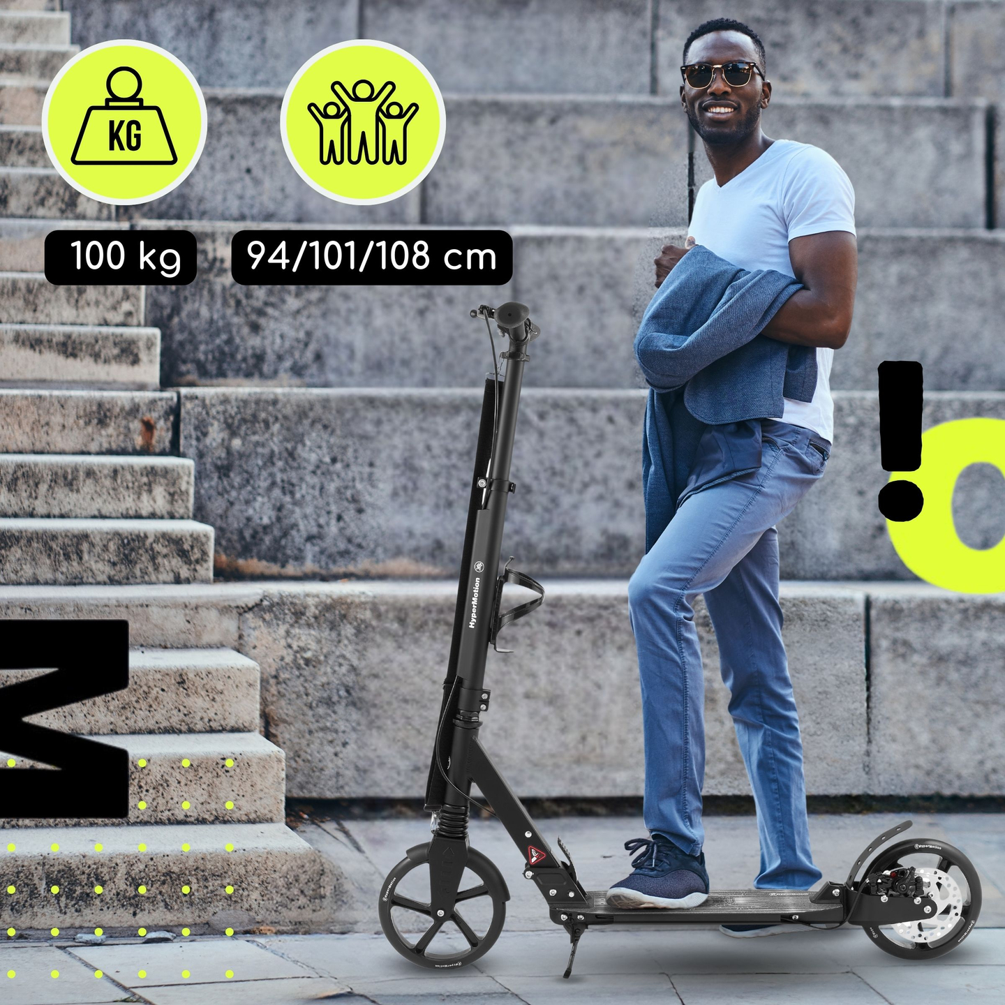 Trotinete de duas rodas para jovens adultos - com amortecedor - HyperMotion Skyline - preto, alumínio - 100kg