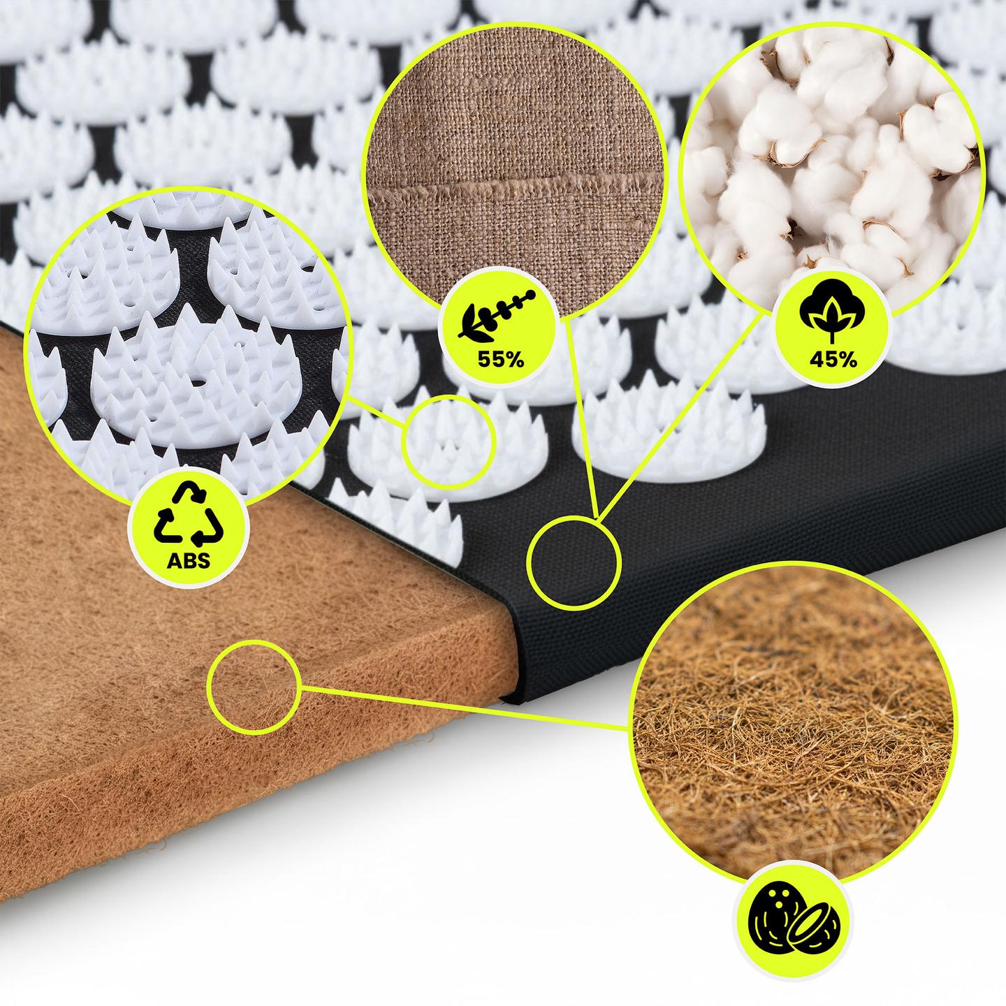 Tapete de acupressão em linho ecológico com fibra de coco e almofada de trigo sarraceno – 68 cm HyperMotion Preto e Branco