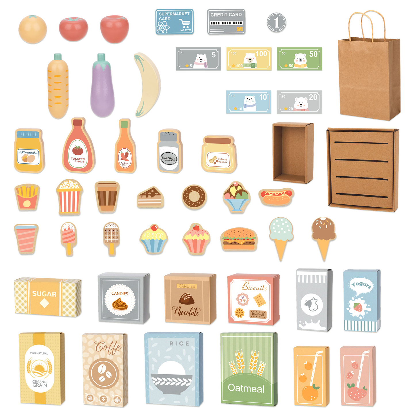 Grande loja infantil de madeira com quadro negro - 91 peças para diversão nas compras!