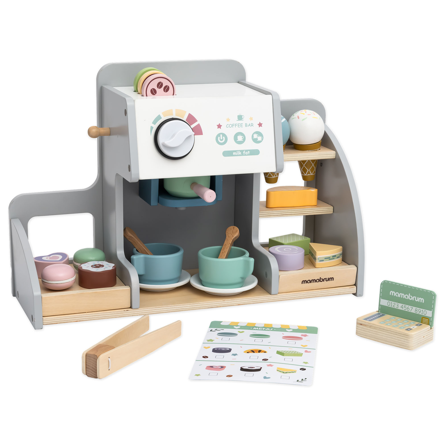 Uma grande gelataria de madeira com quadro magnético, máquina de café e conjunto de gelados e sobremesas - mais de 70 peças!