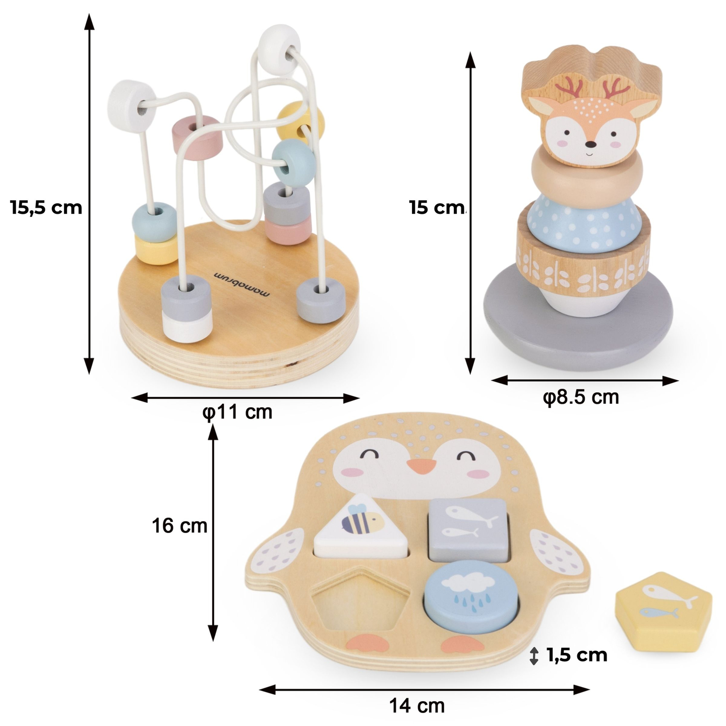 Um conjunto de brinquedos de madeira - um entrelaçado colorido, uma pirâmide de cervos, um classificador de pinguins