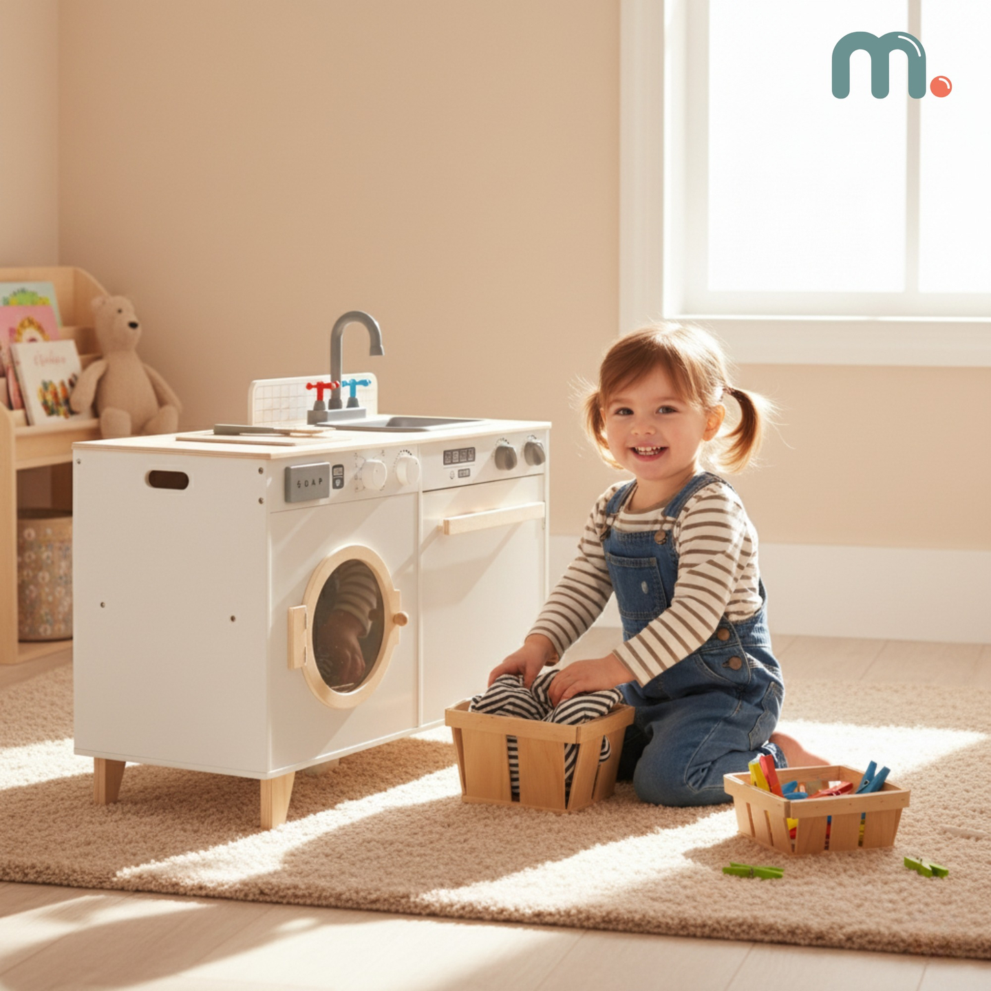 Lavandaria e cozinha em madeira - conjunto de casa 2 em 1 para crianças