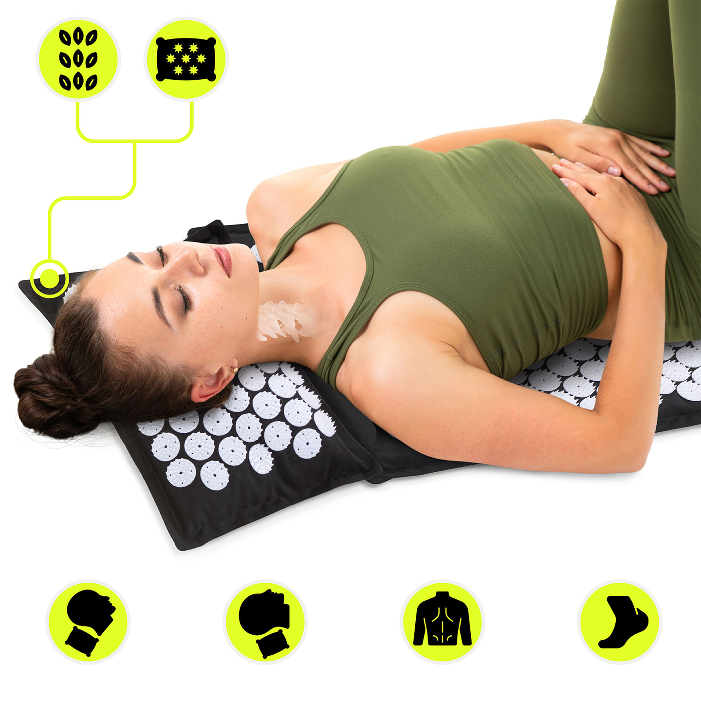 Tapete de acupressão em linho ecológico com fibra de coco e almofada de trigo sarraceno – 68 cm HyperMotion Preto e Branco