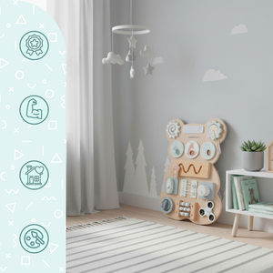 Quadro de atividades Montessori de madeira com ursinho de pelúcia - aprendizagem sensorial da independência: velcro, plugue, labirinto, botão com clique.