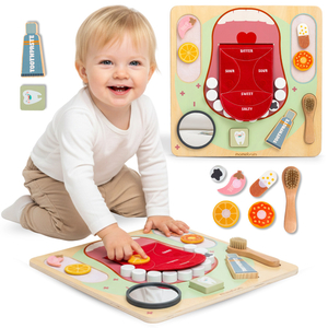 Quadro Educacional Montessori de Madeira Pequeno Dentista - escova de dentes, pasta de dentes, dentes removíveis, espelho, comida, sabores de aprendizagem