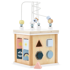 Cubo educacional de madeira com formas entrelaçadas - classificador de formas