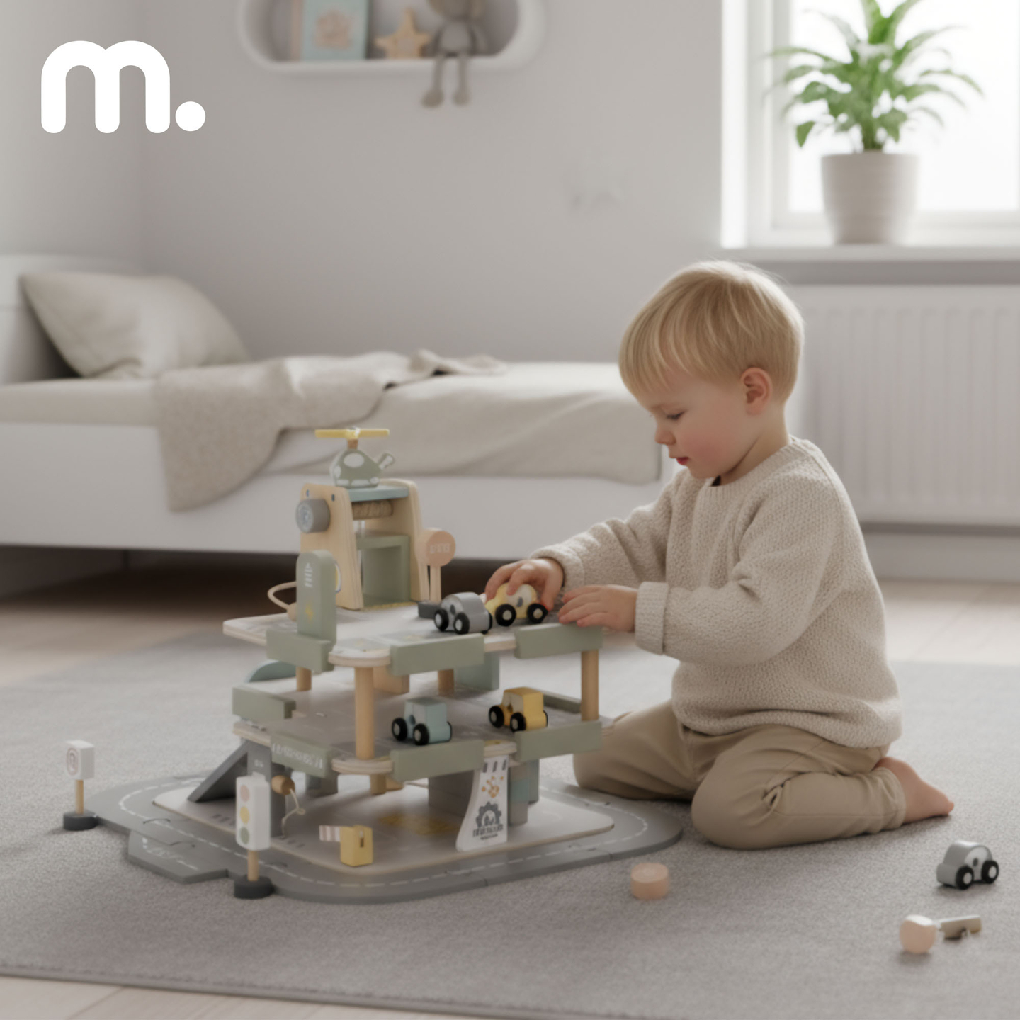 Garagem de madeira de três andares para crianças com acessórios – estacionamento, posto de gasolina, lava-rápido, helicóptero