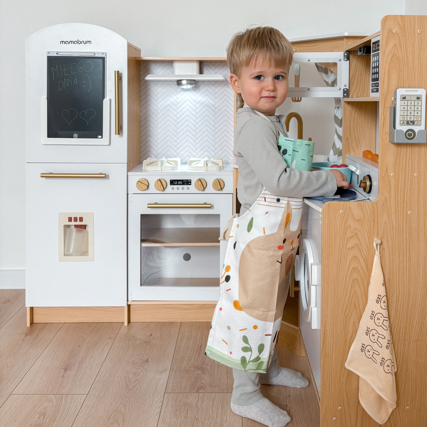 XXXXL grande cozinha interactiva de madeira com iluminação LED, máquina de lavar roupa, micro-ondas, máquina de café e conjunto de frutas e legumes - 50 elementos