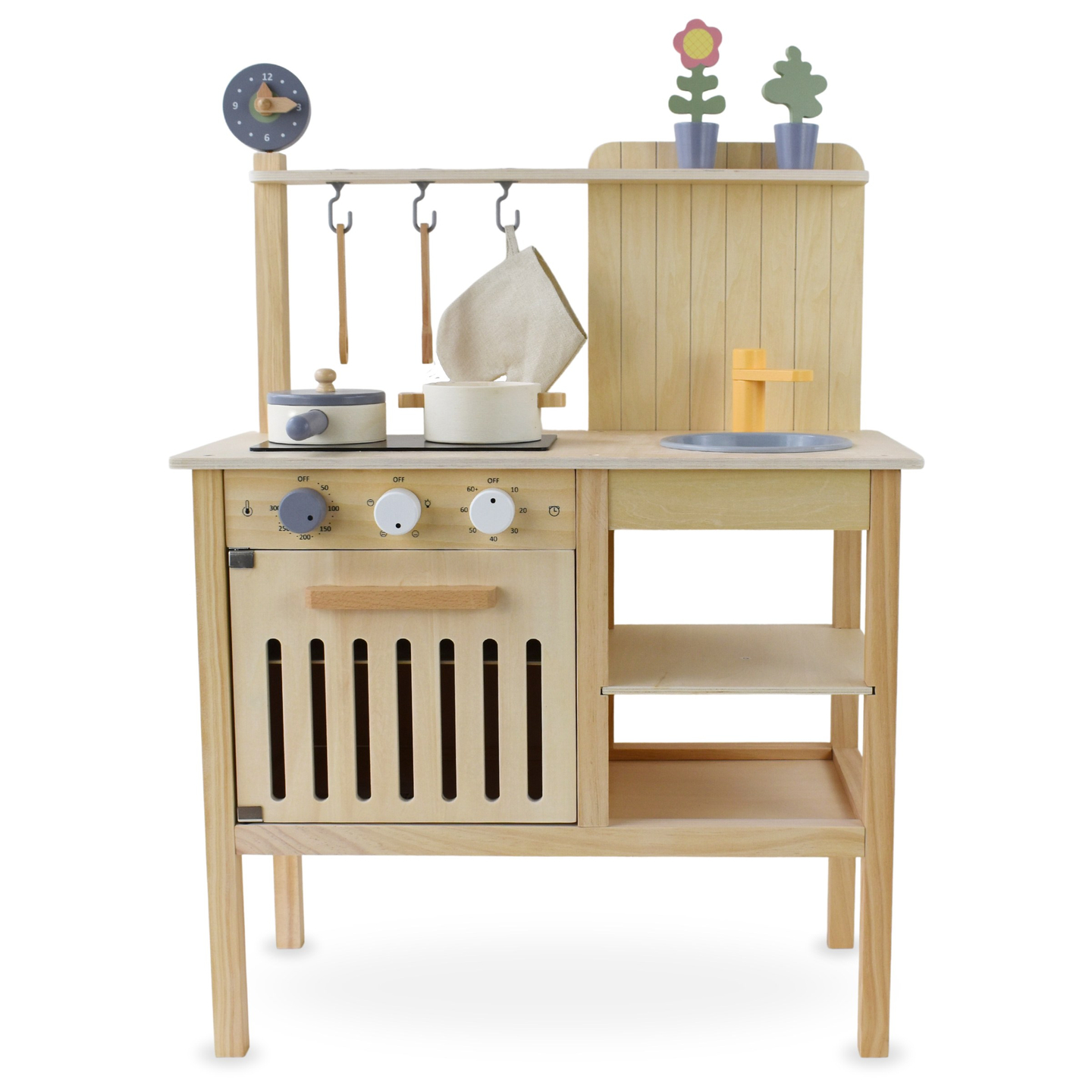 Cozinha de jardim em madeira com acessórios - boho natural