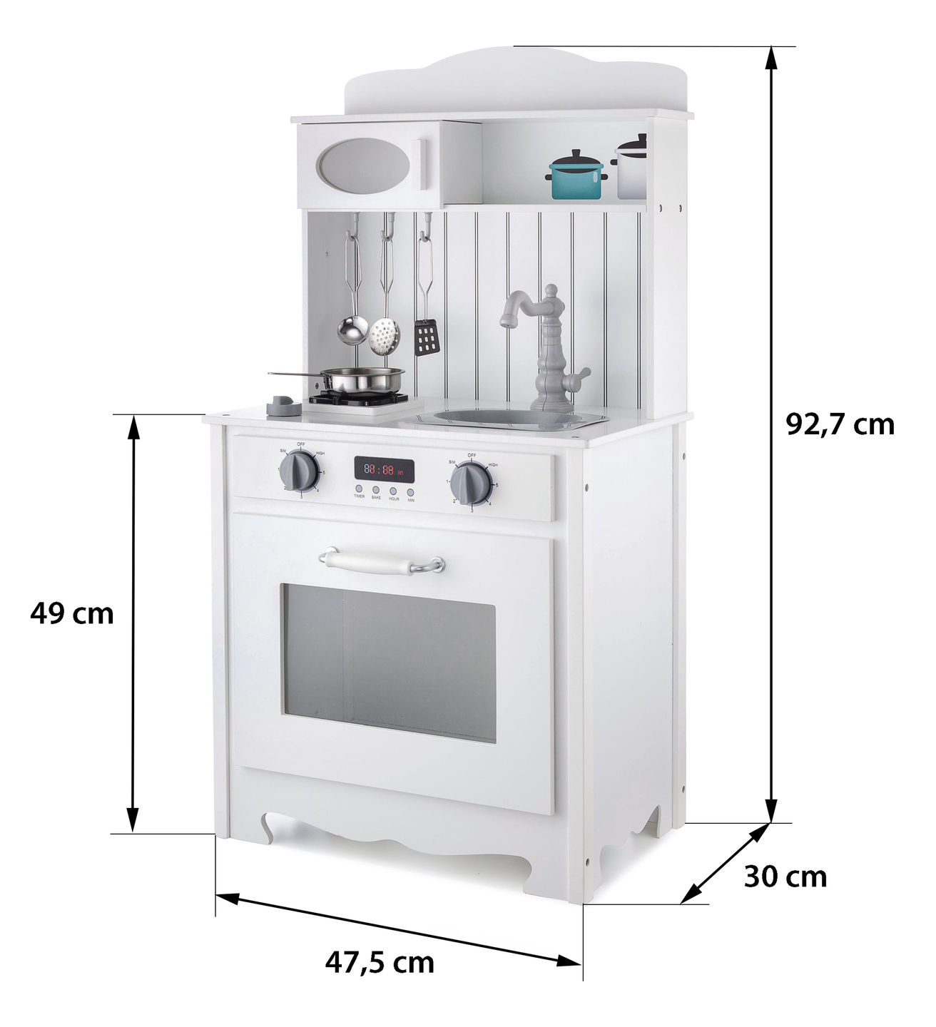 Cozinha de madeira branca com avental, acessórios e lâmpada LED